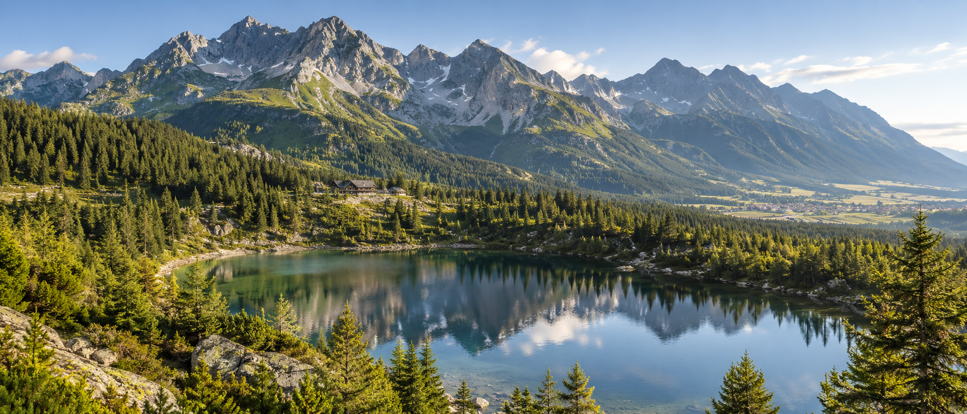 Slovenská krajina s horským jezerem a panoramatem Vysokých Tater